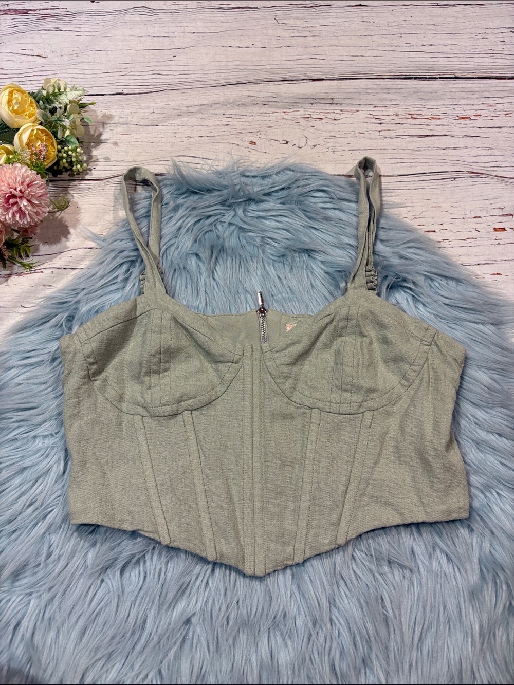 Altar'd State Coley linen blend corset sage green crop top
